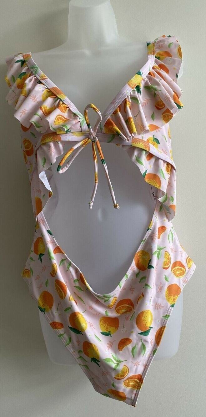 Shein One-piece Swimwear Womens 3XL Peach Citrus Fruit Padded Bra Ruffle Cut-out